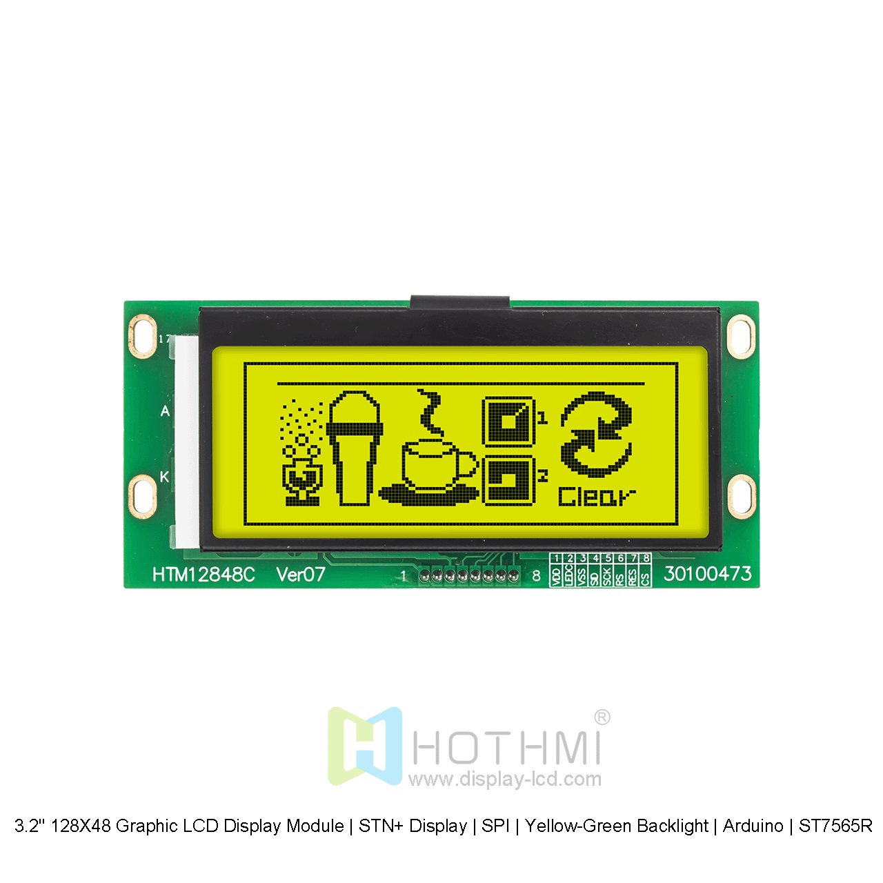 3.2" 128X48 Graphic LCD Display Module | STN+ Display | SPI | Yellow-Green Backlight | Arduino | ST7565R