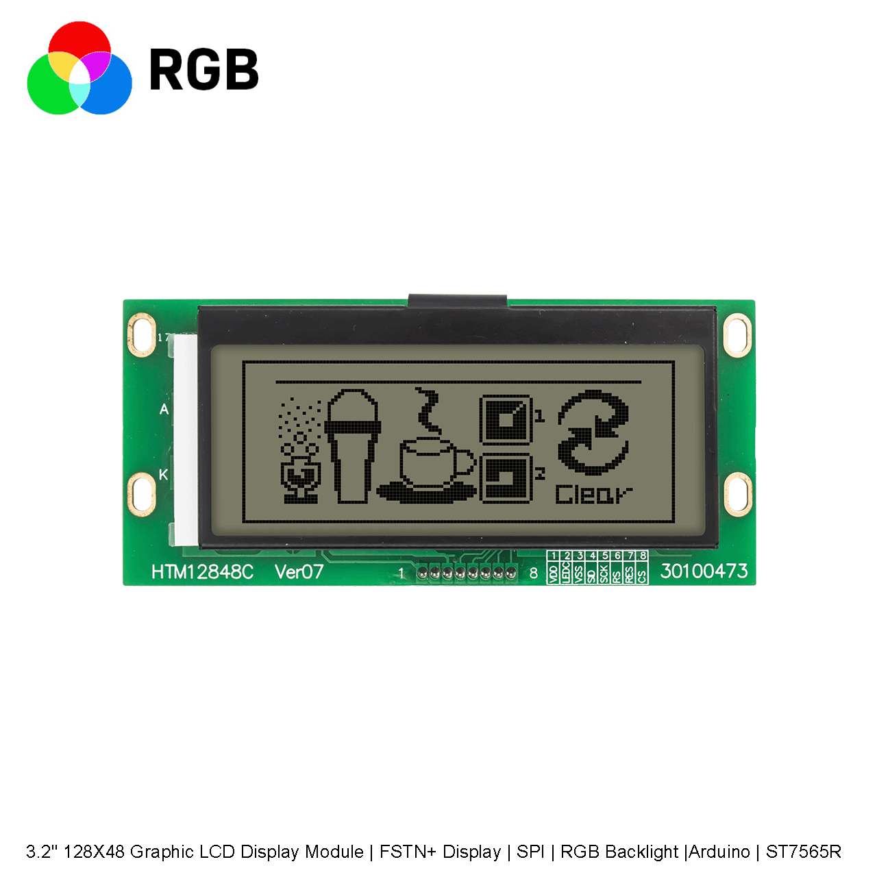 3.2" 128X48 Graphic LCD Display Module | FSTN+ Display | SPI | RGB Backlight |Arduino | ST7565R