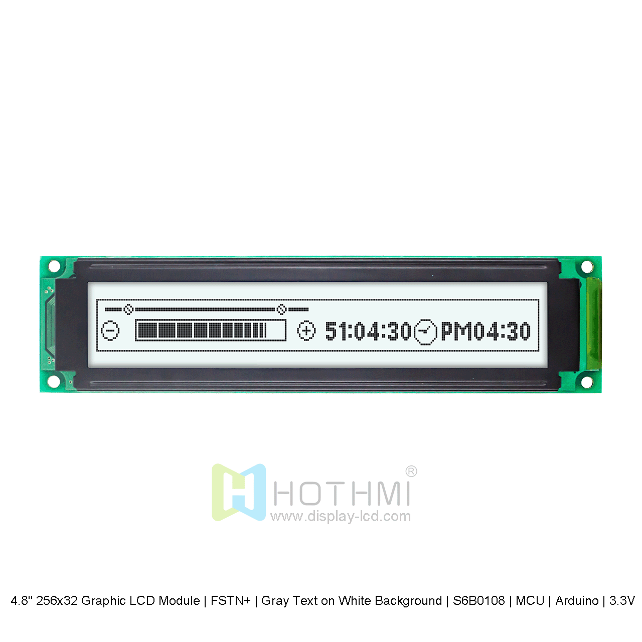 4.8" 256x32 Graphic LCD Module | FSTN+ | Gray Text on White Background | S6B0108 | MCU | Arduino | 3.3V