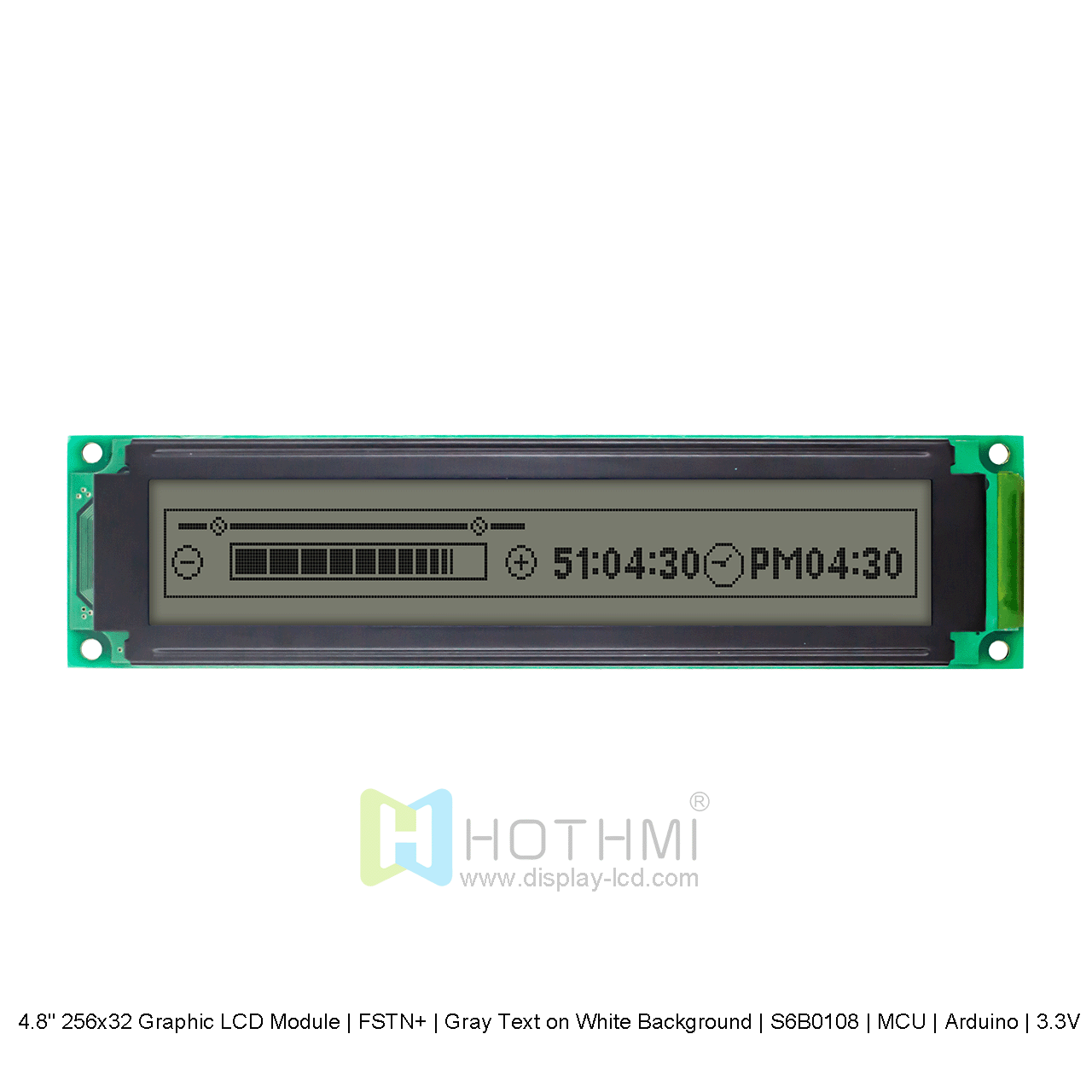 4.8" 256x32 Graphic LCD Module | FSTN+ | Gray Text on White Background | S6B0108 | MCU | Arduino | 3.3V