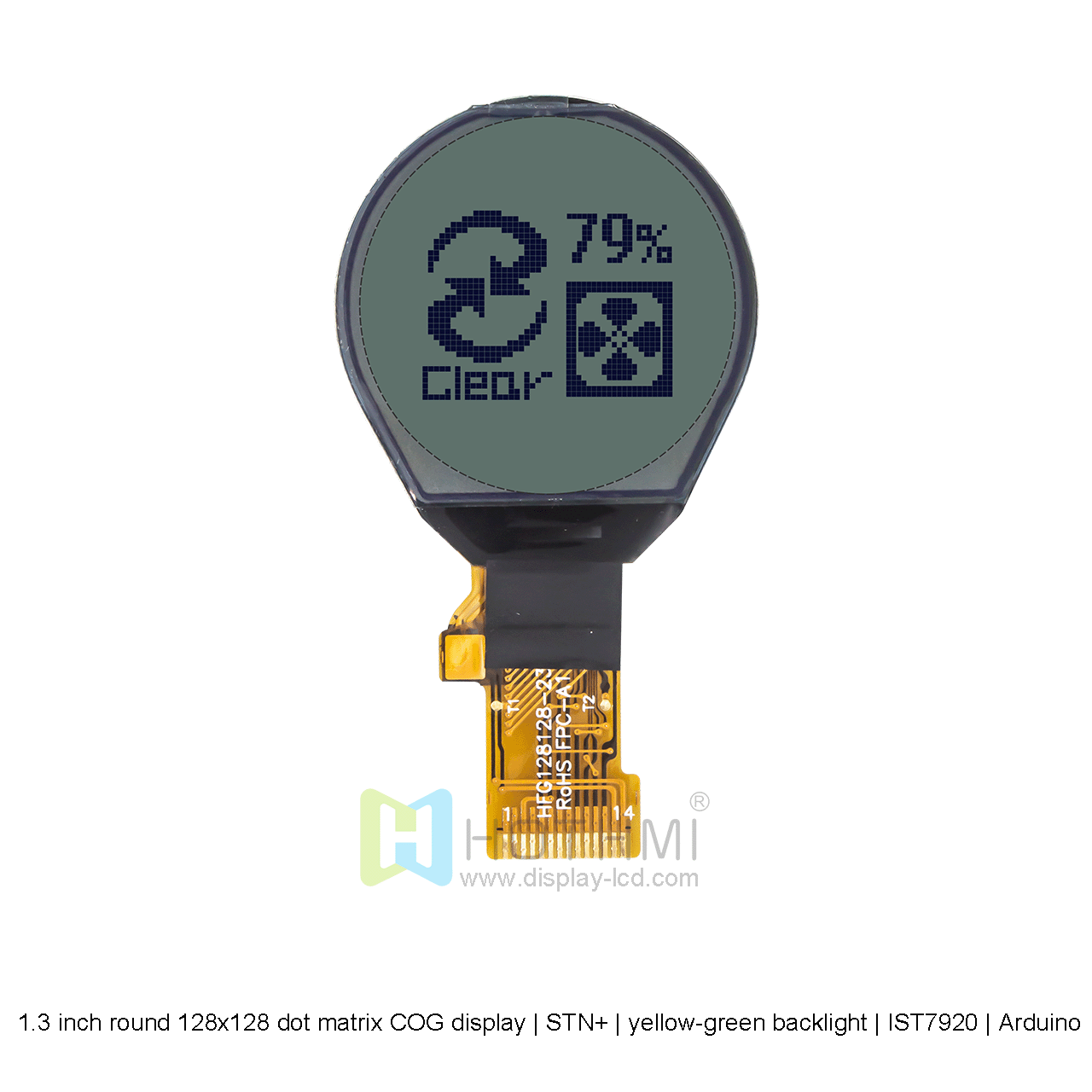 1.3-inch round COG | 128x128 dot matrix COG LCD display | 1.3-inch graphic LCD display | STN+| yellow-green backlight | IST7920 | Arduino