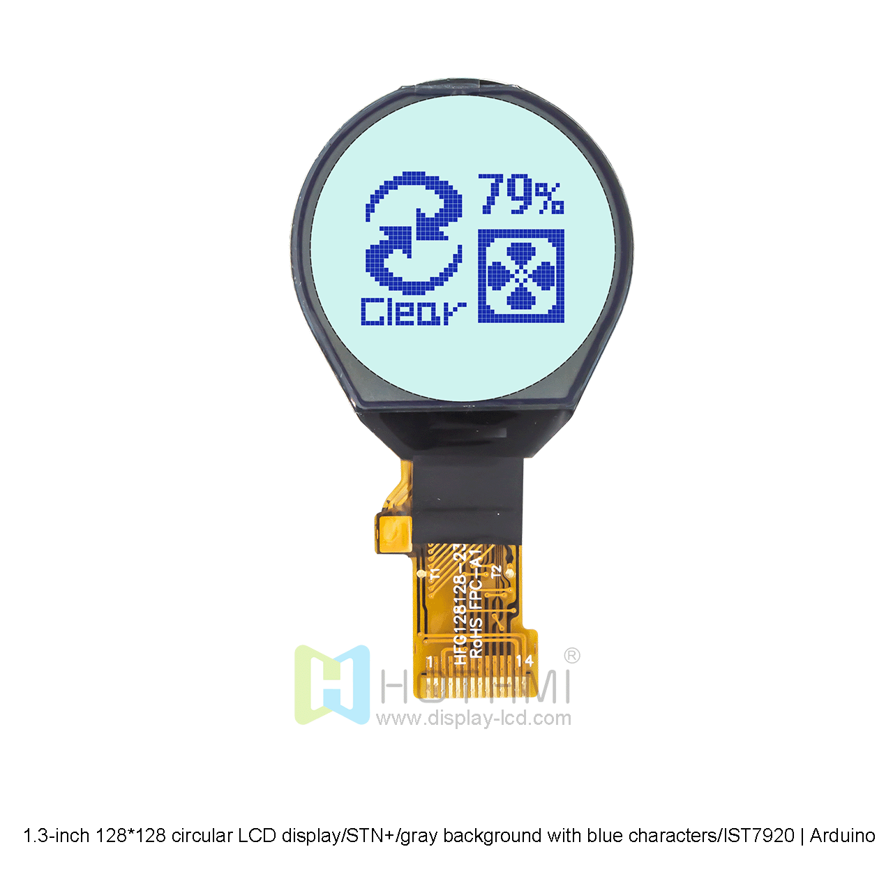 1.3-inch Circular COG | 128x128 Dot COG LCD | 1.3-inch Circular LCD | STN+| Gray Background with Blue Characters | IST7920 | Arduino