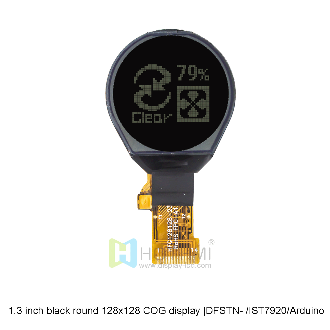 1.3-inch round COG |128x128 dot matrix graphic COG LCD | 1.3-inch round LCD display | DFSTN- | black background with white characters | IST7920 | Arduino