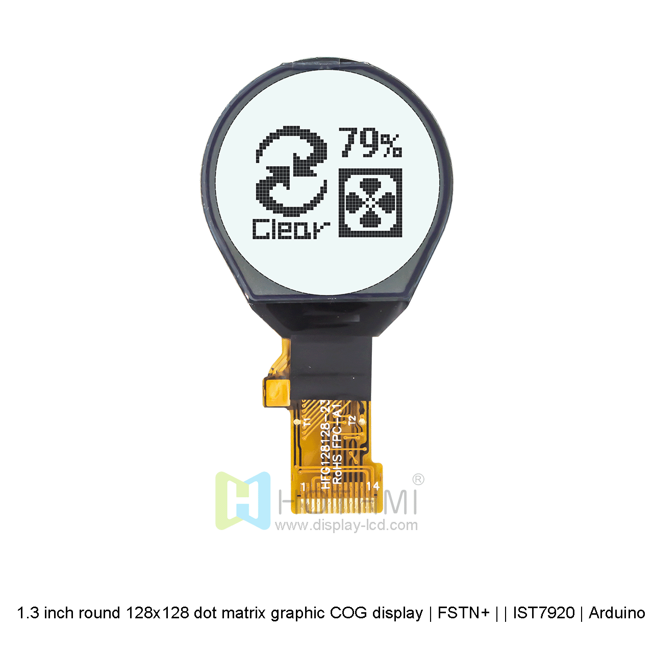 1.3-inch round COG | 128x128 dot graphic COG LCD | 1.3-inch round LCD | FSTN+ | Gray text on white background | IST7920 | Arduino