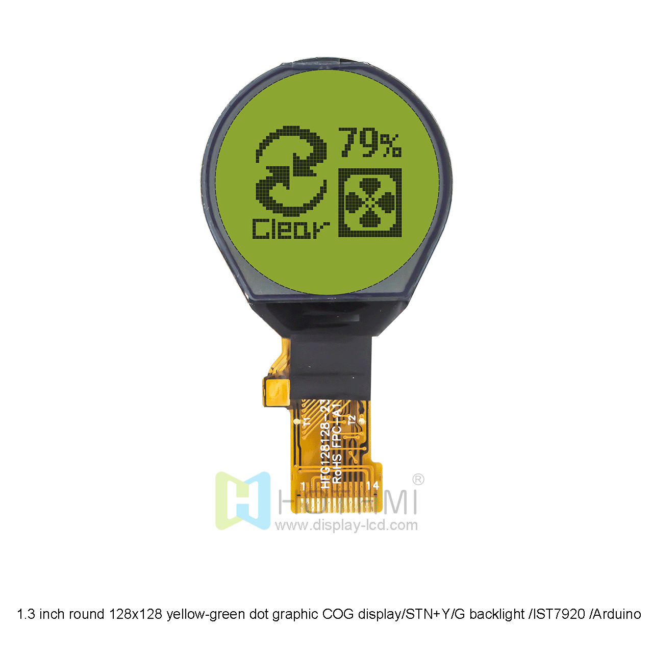 1.3 inch yellow-green circular COG |128x128 dot matrix graphic COG LCD| 1.3 inch circular LCD display | STN+yellow-green | yellow-green backlight | IST7920 | Arduino