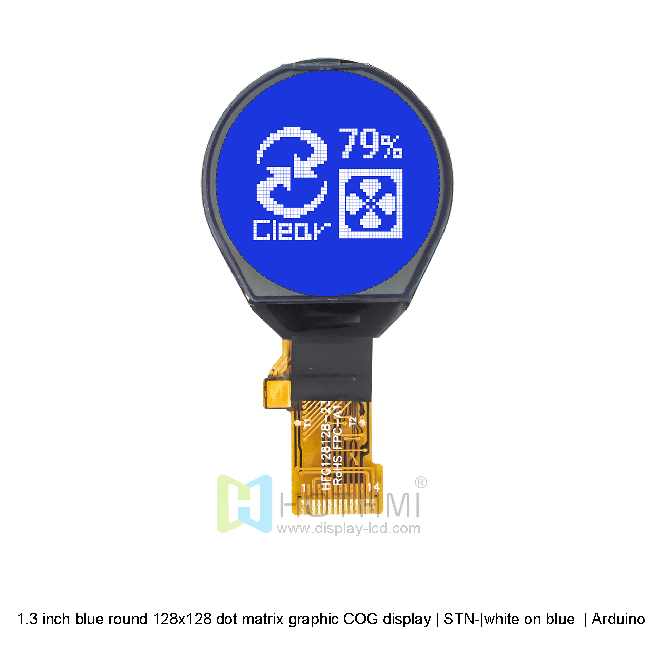 1.3-inch blue Round COG |128x128 dot matrix graphic COG LCD| 1.3-inch circular LCD display | STN- | blue background with white characters | IST7920 | Arduino