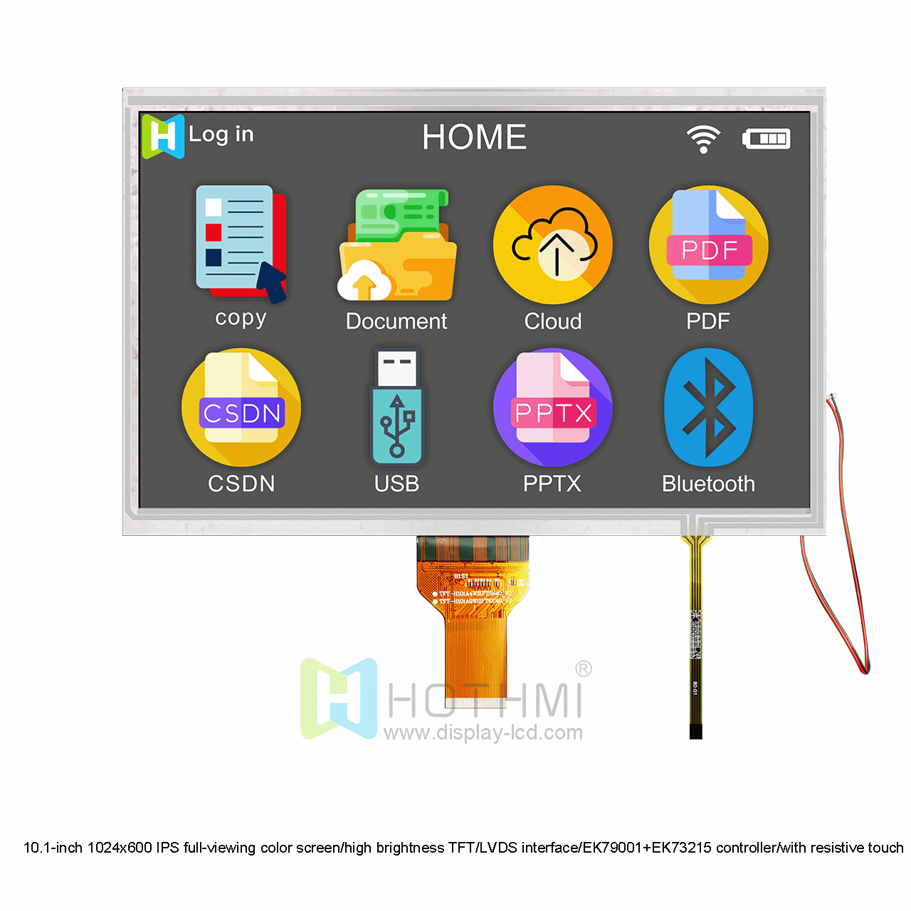 10.1-inch 1024x600 IPS full-viewing color screen/high brightness TFT/LVDS interface/EK79001+EK73215 controller/with resistive touch