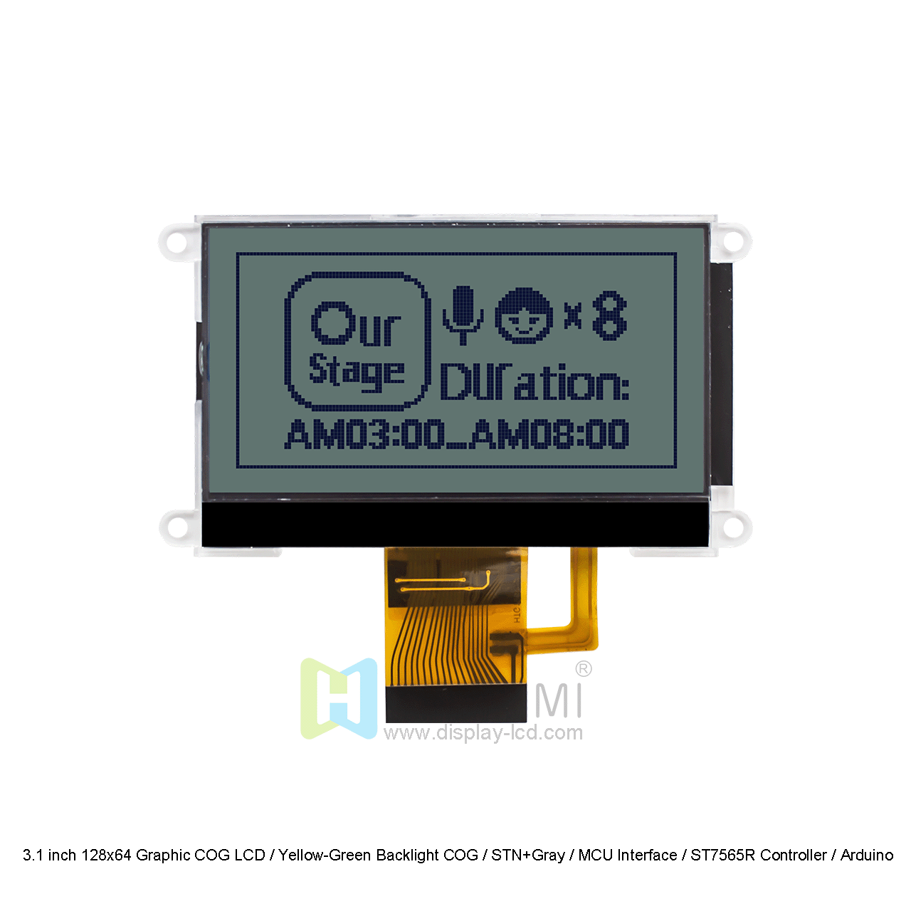 3.1 inch 128x64 Graphic COG LCD / Yellow-Green Backlight COG / STN+Gray / MCU Interface / ST7565R Controller / Arduino