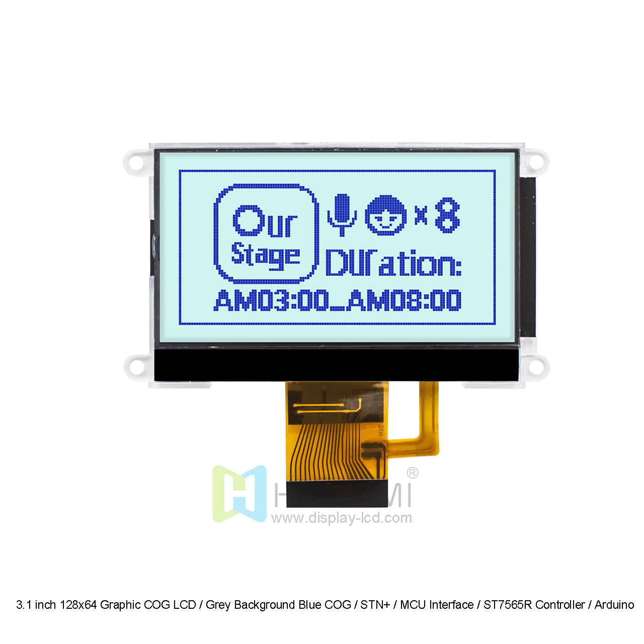 3.1 inch 128x64 Graphic COG LCD / Grey Background Blue COG / STN+ / MCU Interface / ST7565R Controller / Arduino