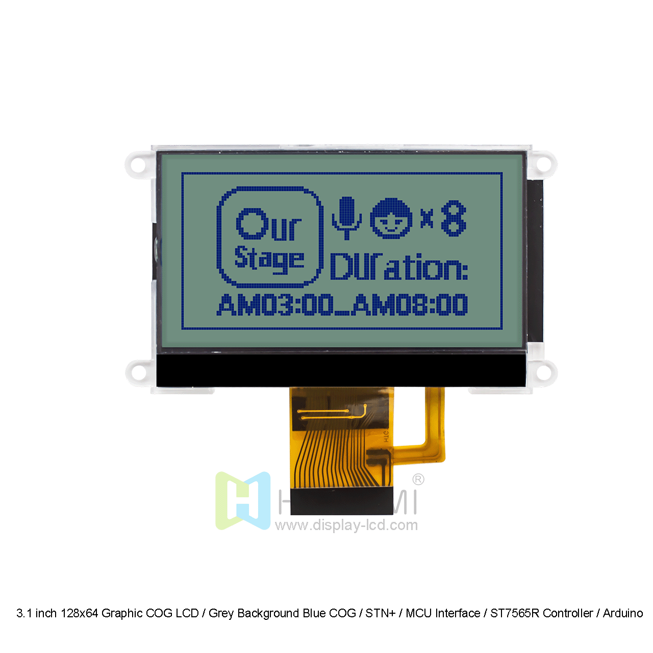 3.1 inch 128x64 Graphic COG LCD / Grey Background Blue COG / STN+ / MCU Interface / ST7565R Controller / Arduino