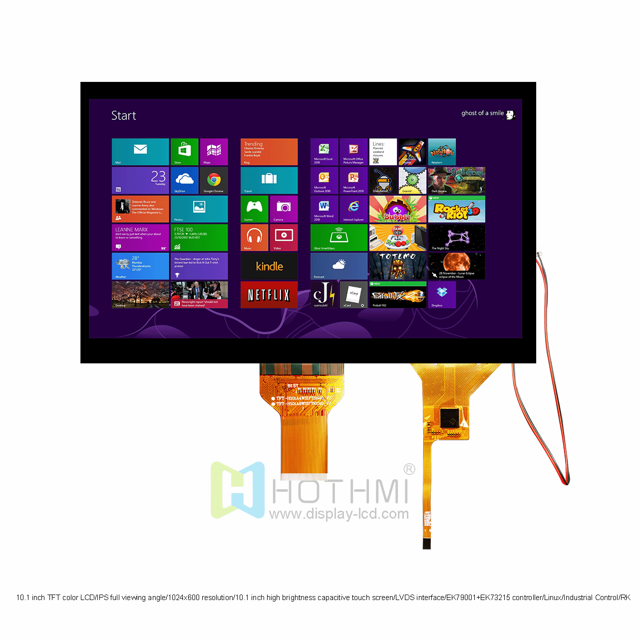 10.1 inch TFT color LCD/IPS full viewing angle/1024x600 resolution/10.1 inch high brightness capacitive touch screen/LVDS interface/EK79001+EK73215 controller/Linux/Industrial Control/RK