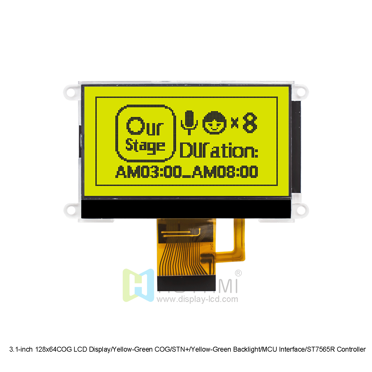 3.1-inch 128x64COG LCD Display/Yellow-Green COG/STN+/Yellow-Green Backlight/MCU Interface/ST7565R Controller