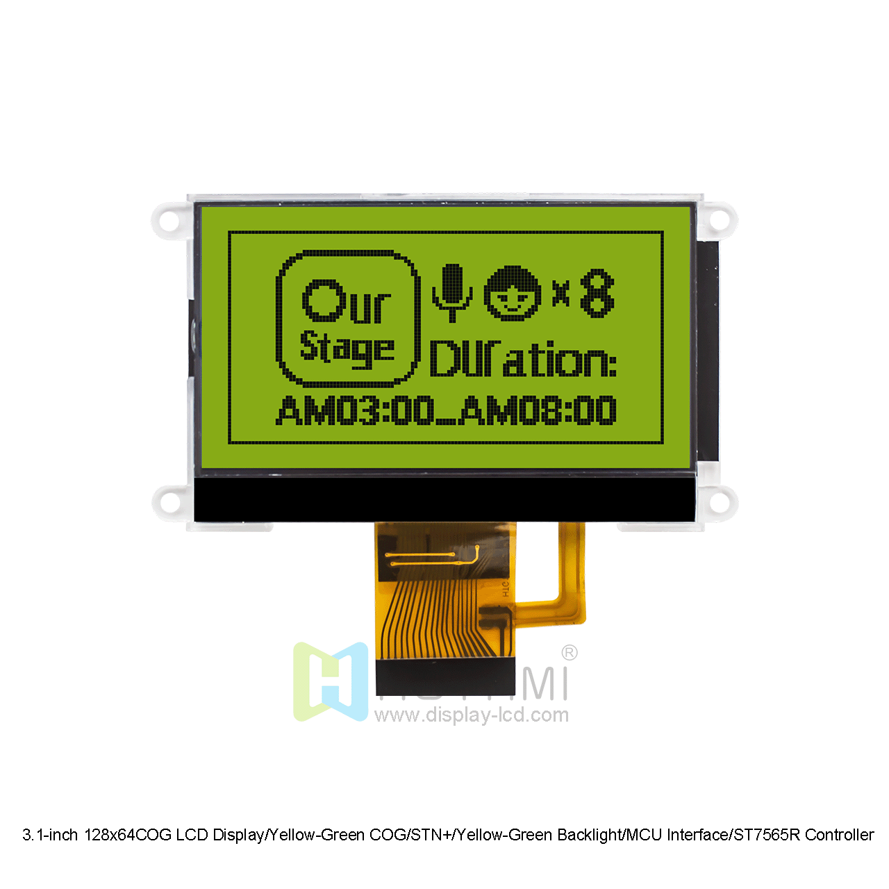 3.1-inch 128x64COG LCD Display/Yellow-Green COG/STN+/Yellow-Green Backlight/MCU Interface/ST7565R Controller