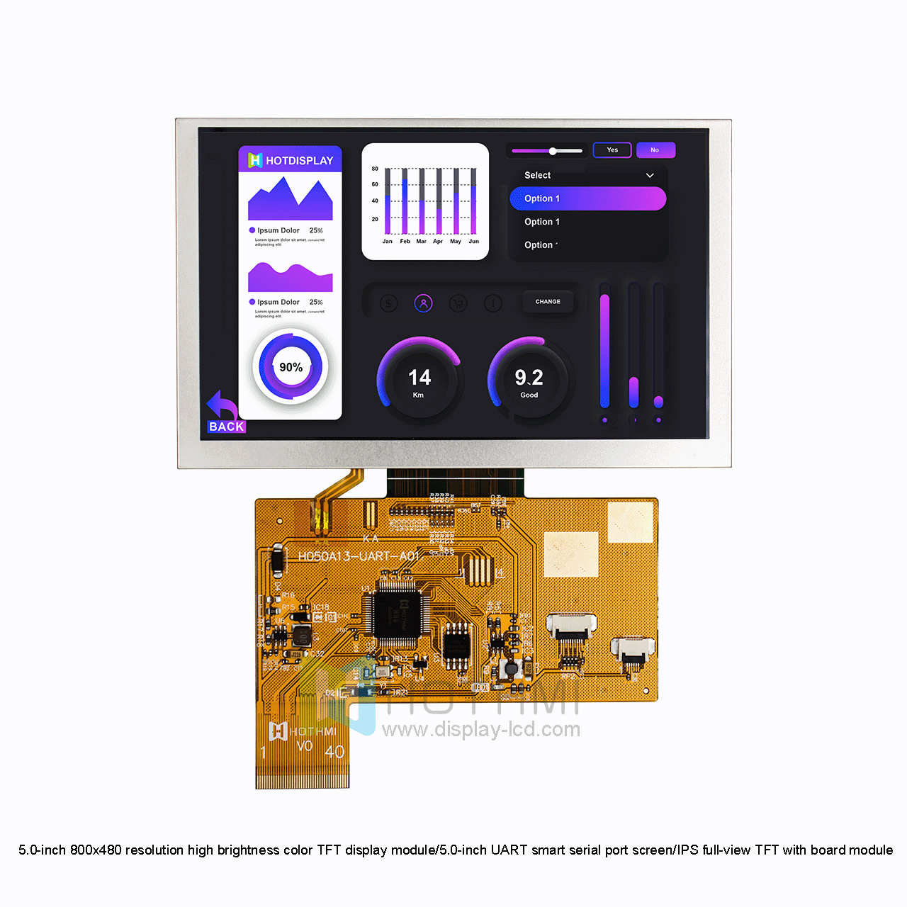 5.0-inch 800x480 resolution high brightness color TFT display module/5.0-inch UART smart serial port screen/IPS full-view TFT with board module