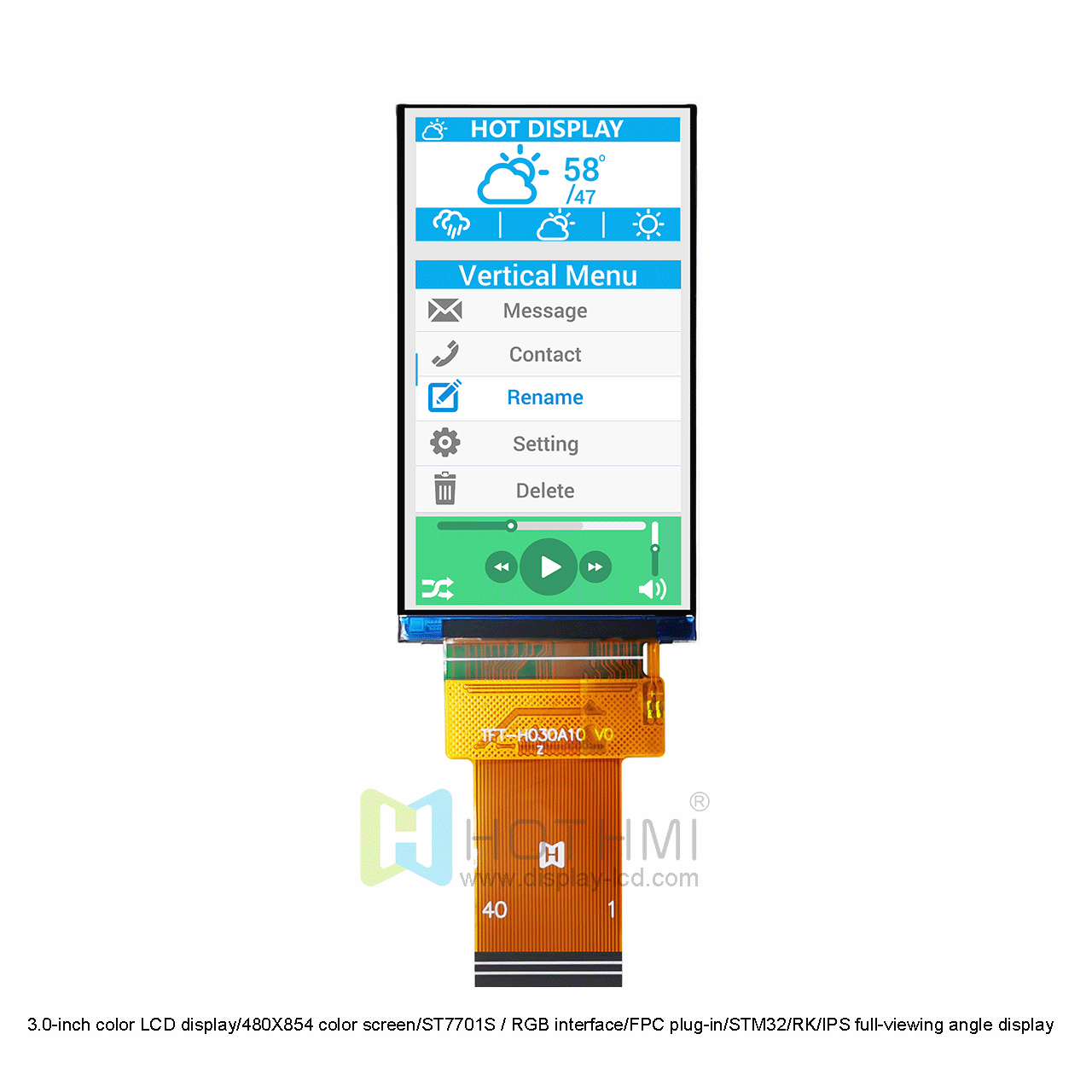 3.0-inch color LCD display/480X854 color screen/ST7701S / RGB interface/FPC plug-in/STM32/RK/IPS full-viewing angle display