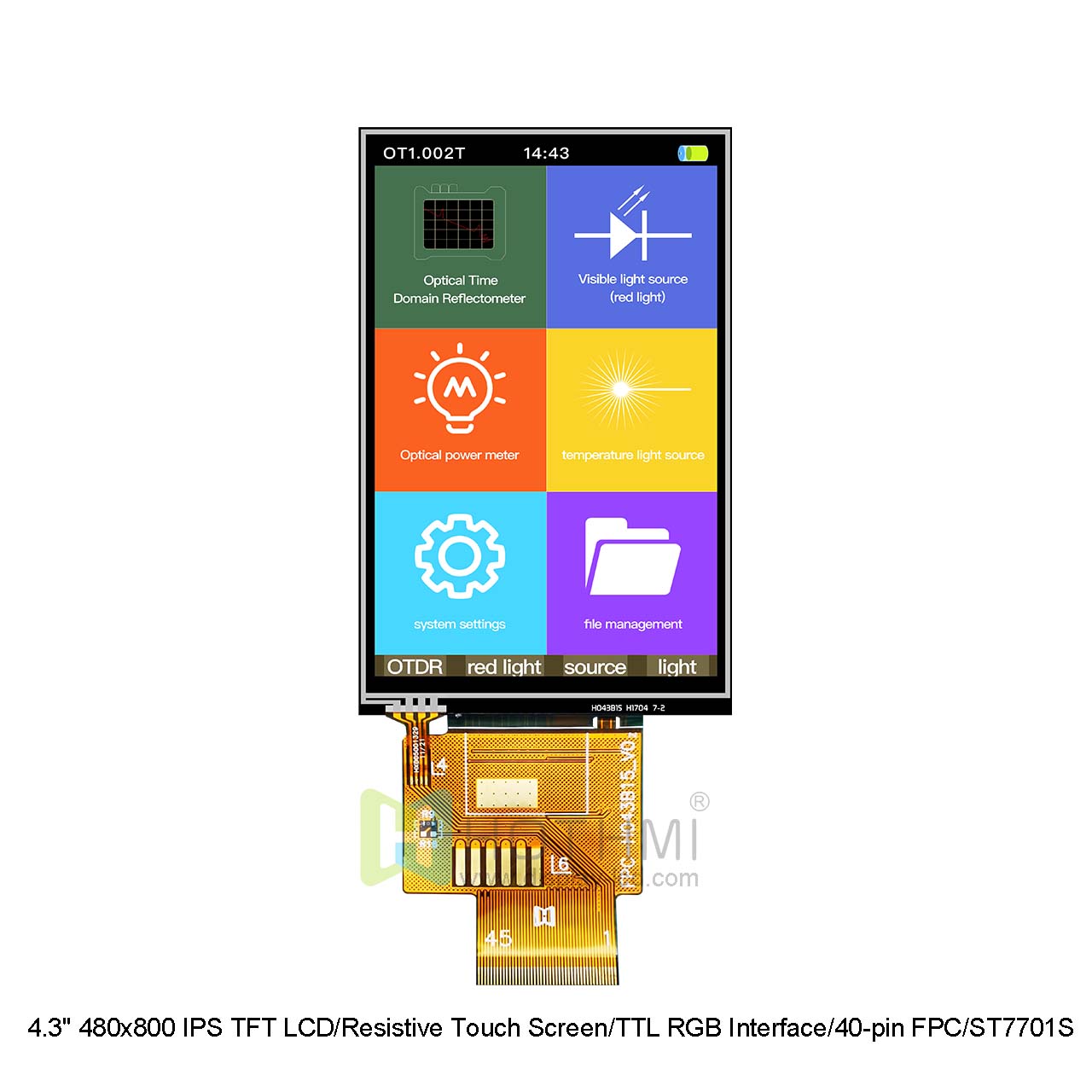 4.3" 480x800 IPS TFT LCD/Resistive Touch Screen/TTL RGB Interface/40-pin FPC/ST7701S/STM32/RK Motherboard