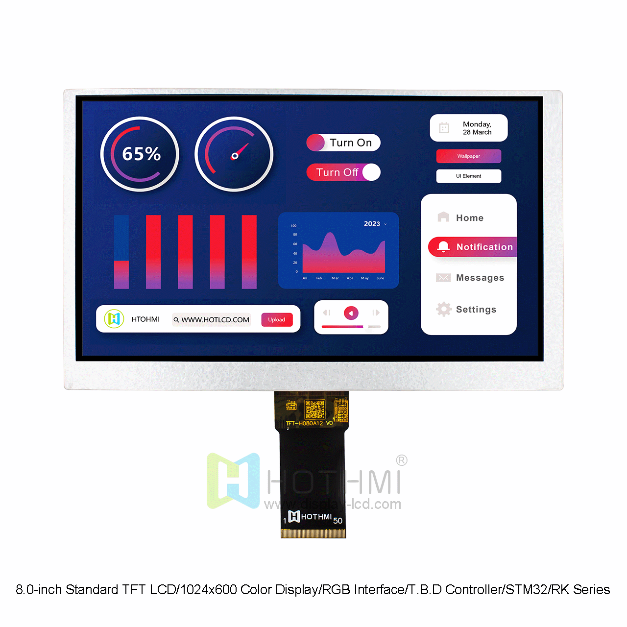 8.0-inch Standard TFT LCD/1024x600 Color Display/RGB Interface/T.B.D Controller/STM32/RK Series