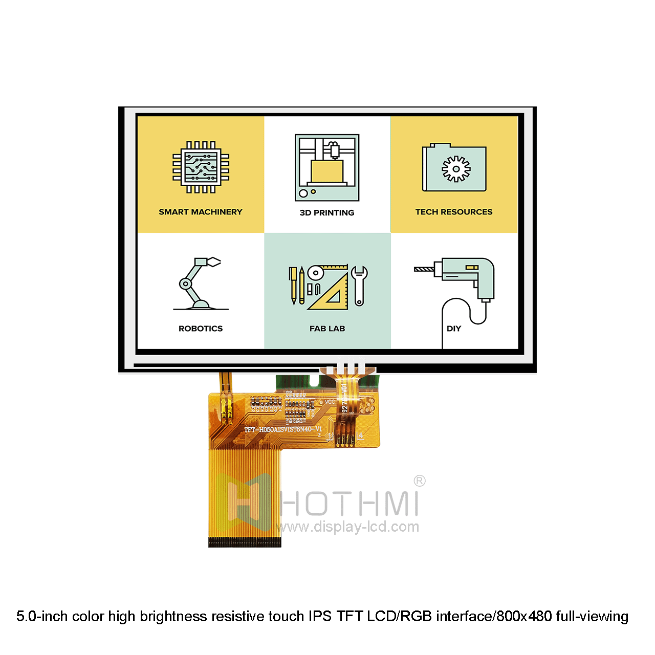 5.0-inch color high brightness resistive touch IPS TFT LCD/RGB interface/800x480 full-viewing angle resistive TFT display/STM32/RK series/ST7262