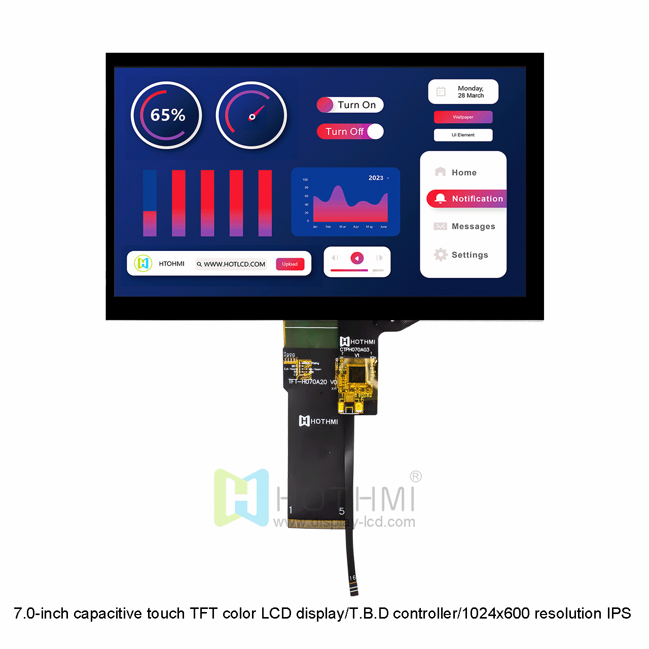 7.0-inch capacitive touch TFT color LCD display/T.B.D controller/1024x600 resolution IPS full-view color screen/FPC plug-in/STM32/RK