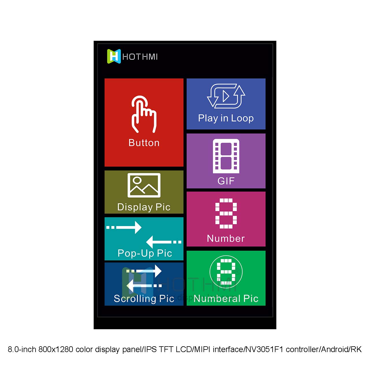 8.0-inch 800x1280 color display panel/IPS TFT LCD/MIPI interface/NV3051F1 controller/Android/RK