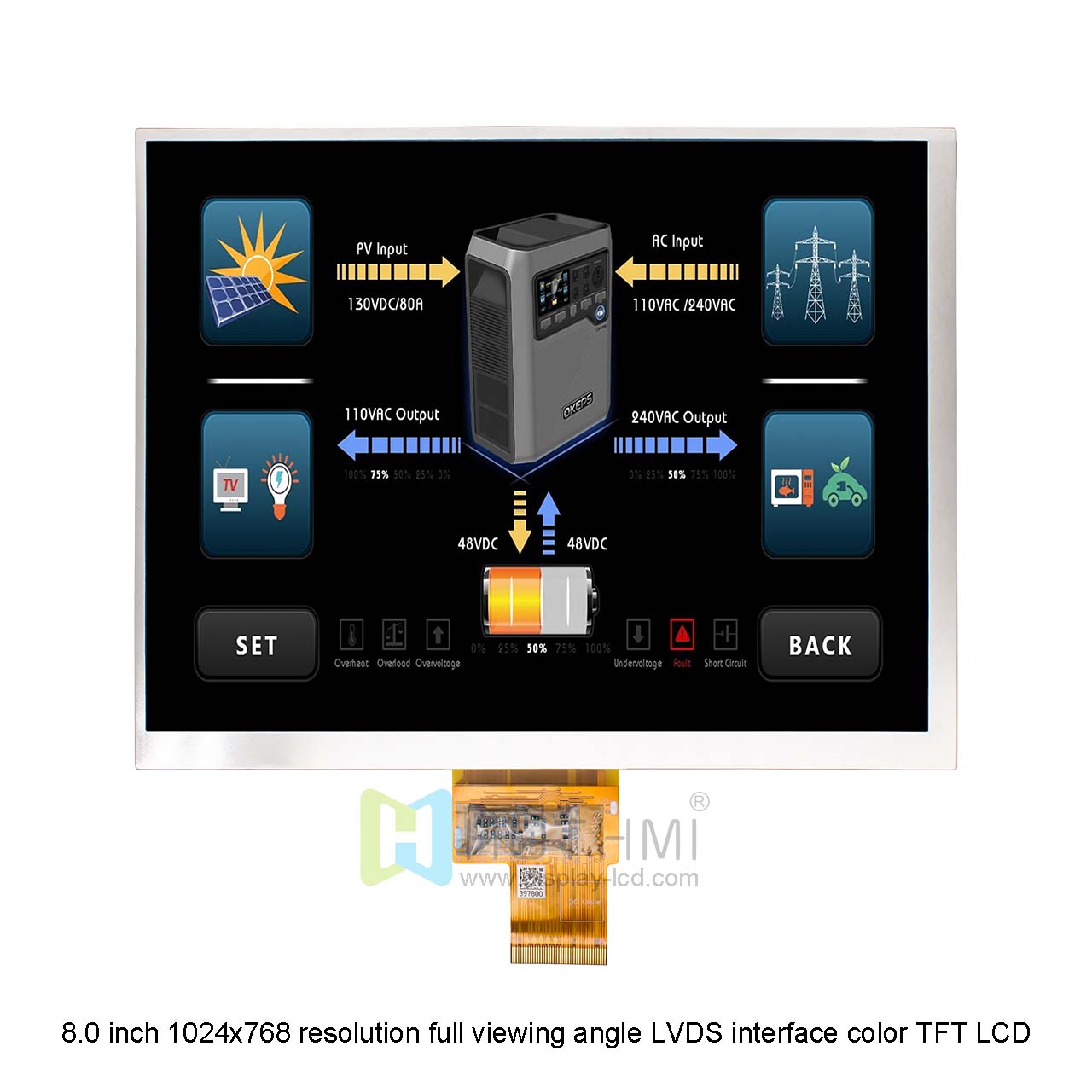 8.0 inch 1024x768 resolution full viewing angle LVDS interface color TFT LCD