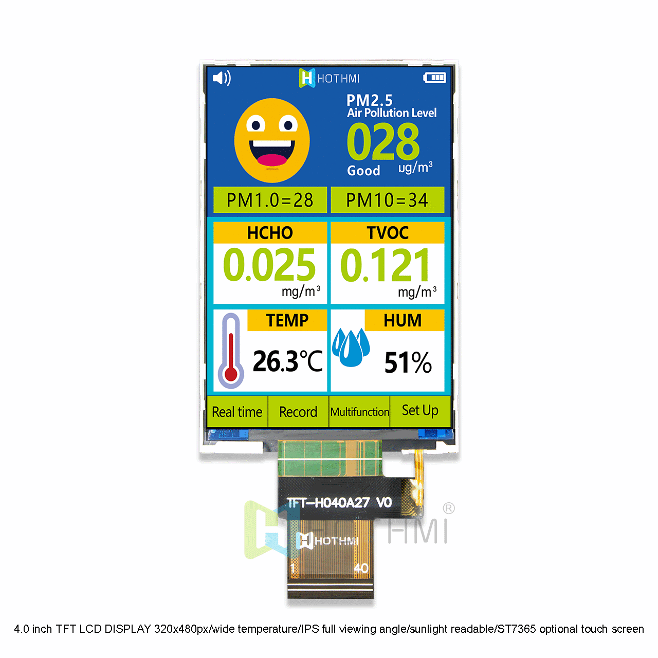 4.0 inch TFT LCD DISPLAY SPI 320x480px/wide temperature/IPS full viewing angle/sunlight readable/ST7365 optional touch screen